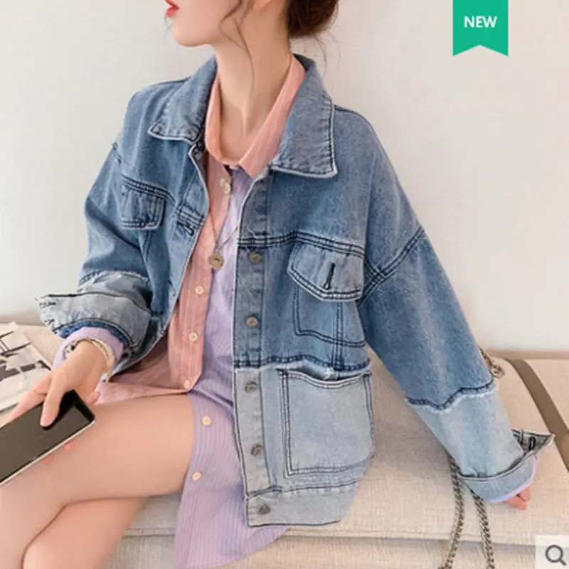 

Stitching Contrast Denim Jacket 2021 Spring Autumn New Women Loose Korean All-match Turn Down Collar Single-breasted Coat Y325