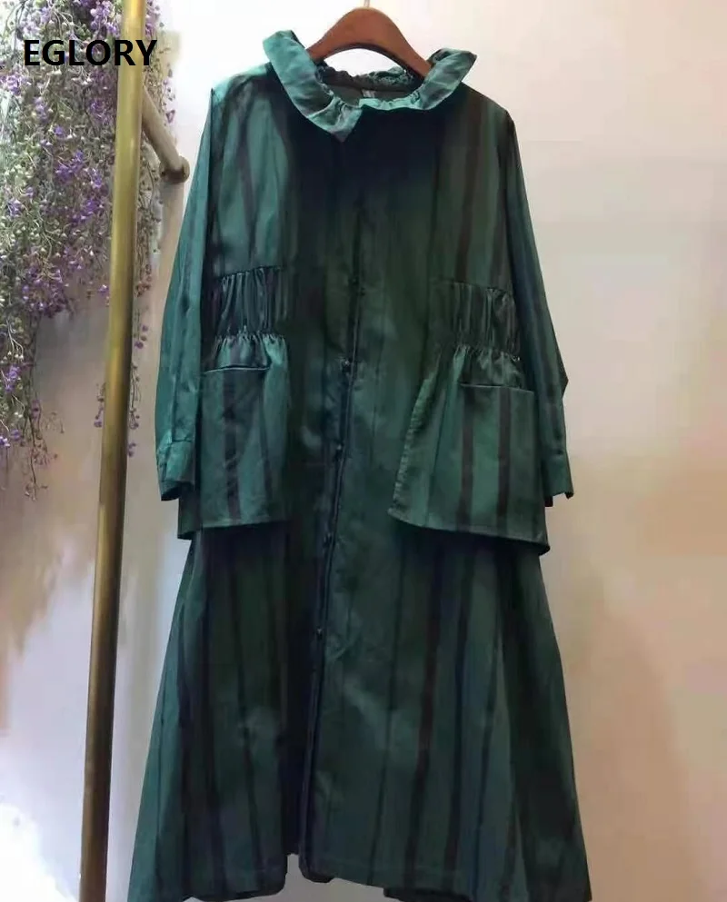 

High Quality New 2021 Spring Dress for Women Ruffled Collar Big Pocket Patchwork Long Sleeve Green Striped Dress Loose Outfits
