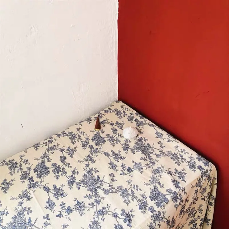 

Cotton Linen Retro Floral Photo Background Minority Blue White Plaid Tablecloth Tea Table Cloth