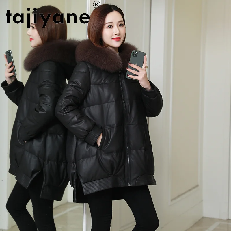 

Leather Women Coats White Duck Down Jackets Real Sheepskin Jacket Woman Natural Fox Fur Collar Hooded Parkas Ropa TN621