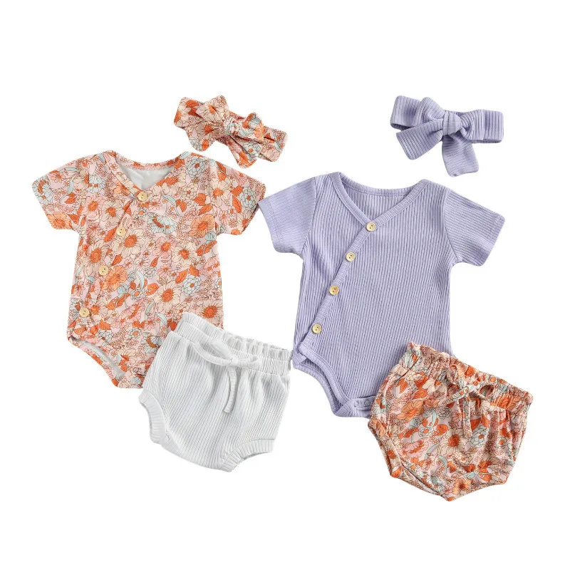 

Infant Baby 3Pcs Clothes Set Short-sleeve V-Neck Romper Tops+ Shorts +Headband Flower Button Design, Sweet Summer Outfits 0-18M