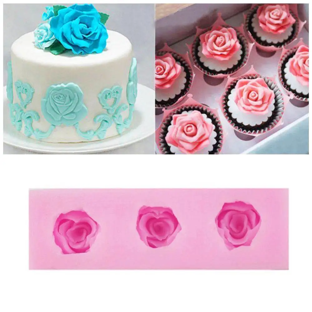 Мини 3 отверстия Роза Sugarcraft силиконовая формочка в виде цветов помадки