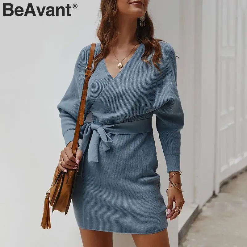 BeAvant, сексуальное женское платье-свитер с v-образным вырезом, платье с высокой талией и поясом, вязаное платье, элегантное женское осеннее зимнее винтажное короткое платье