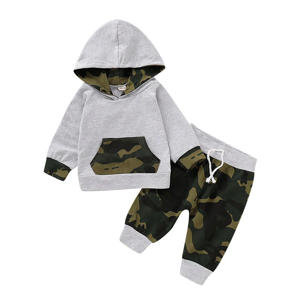 Серый Baby Boys Camouflage Hoodies Clothing Sets Newborn Infant Baby Boy Camo Hoodie with Pocket Sweatshirt Pants Outfits Set - Цвет: Серый