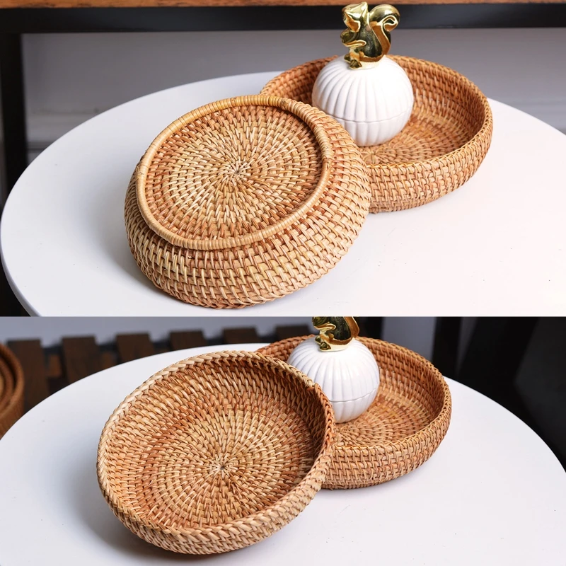 

Pure Natural Handmade Rattans Weaving Round Storage Basket Fruit Dish Hand-woven Rattans Bread Basket for Kitchen Food
