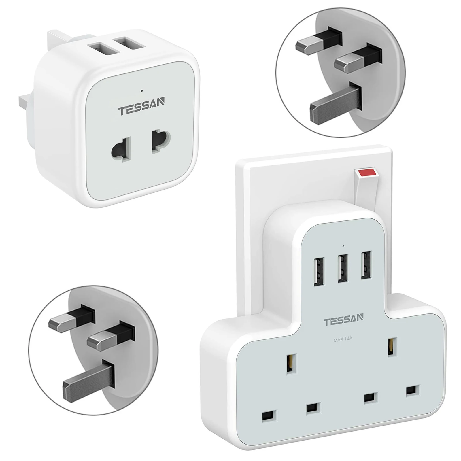 

TESSAN UK Wall Extender Socket with 2 AC Outlets and 3 USB Ports (2.4A), UK 3 Pin Power Socket with Overload Protection for Home