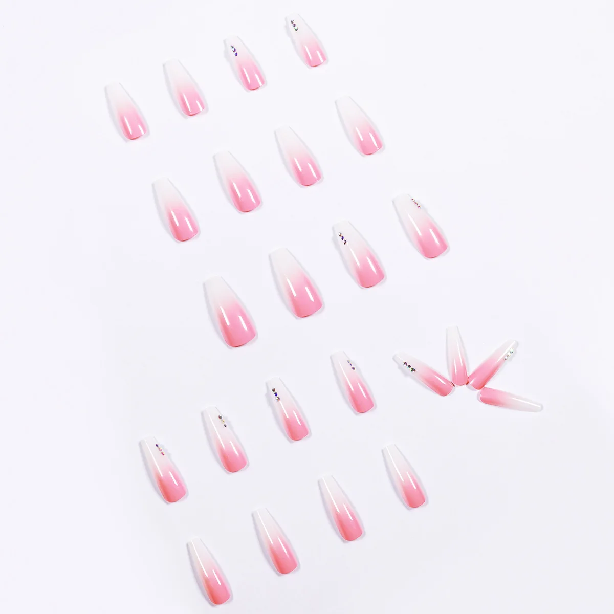 

Fake Nails Long Gradient Pink Rhinestone Nail Stickers Finished Nail Stickers 24 Nail Stickers With Glue STTX889