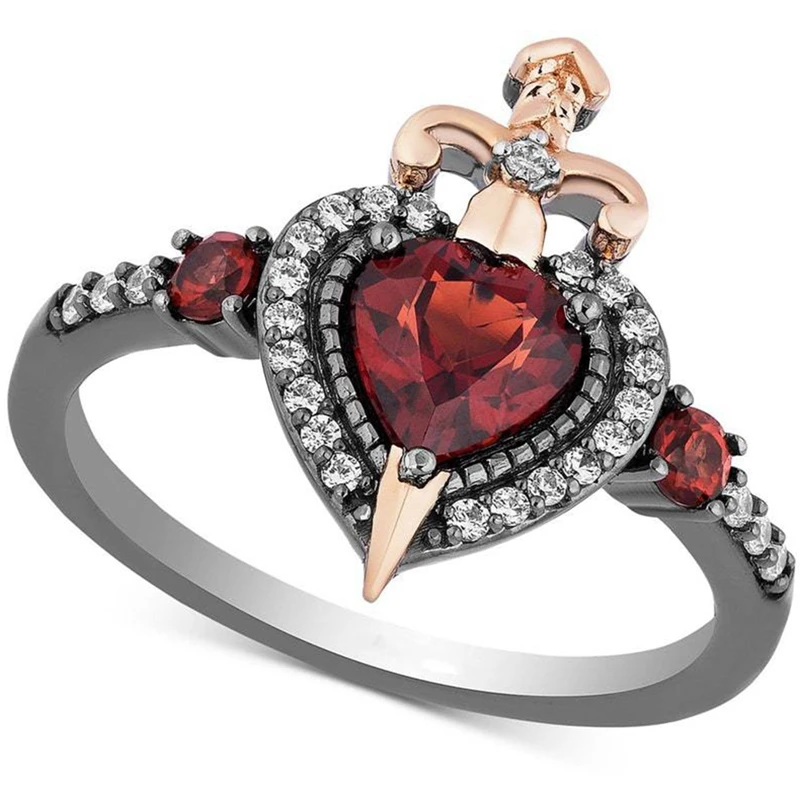 

New Heart Red Cubic Zirconia Rings For Woman Fashion Golden Sword Party Finger Ring Jewelry Gift Size 6-10