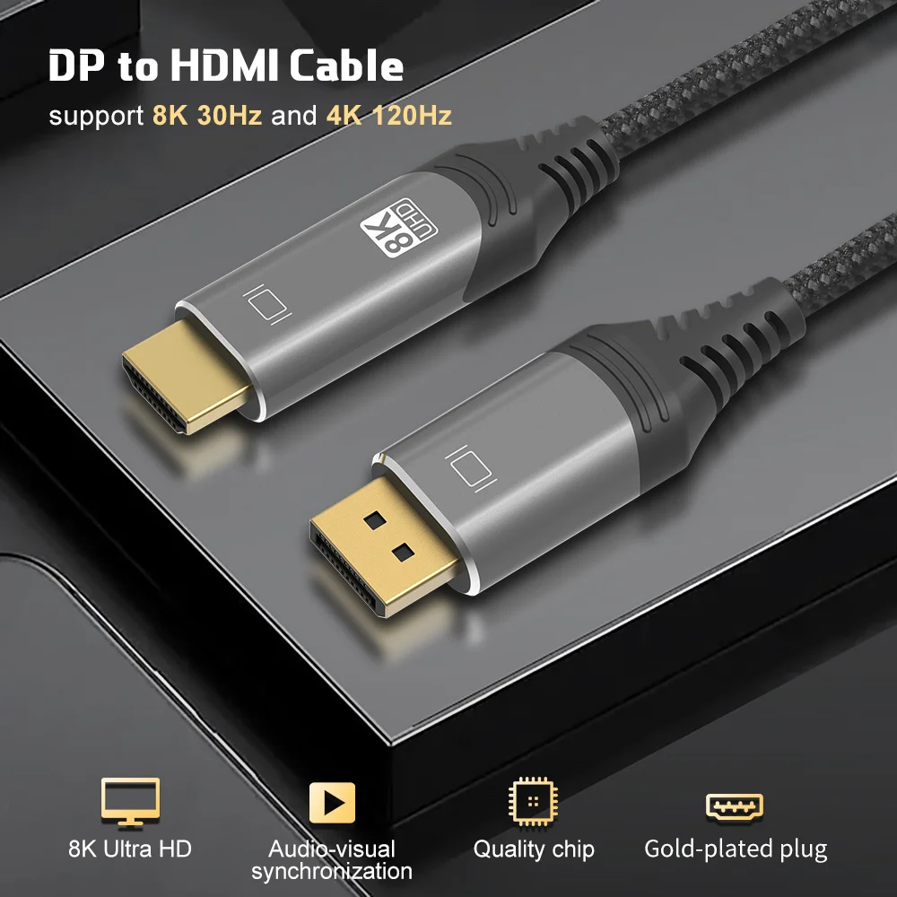 

8K Ultra HD to -compatible Cable 8K@30Hz 4K High Speed 48Gbps HDCP E-ARC DP1.4 to HD 2.1 Cable for QLED TV