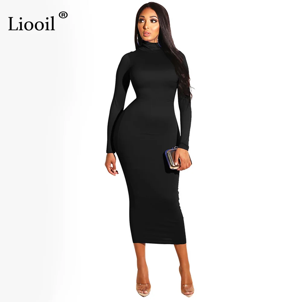 Liooil, сексуальное, облегающее, белое, макси платье, для женщин, осень, зима, длинный рукав, водолазка, стрейч, Клубные, вечерние, облегающие, длинные платья - Цвет: Черный