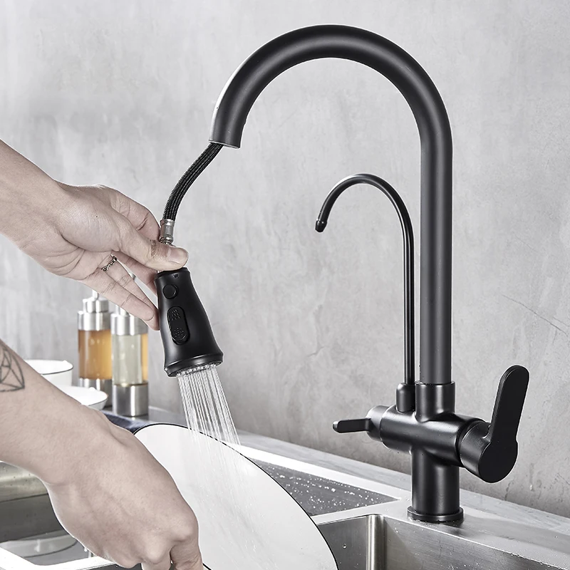 

Purified Kitchen Pull Out Faucet Black Filtered Crane For Kitchen 360 Degree Rotation Sink Cold and Hot Mixer Tap torneira