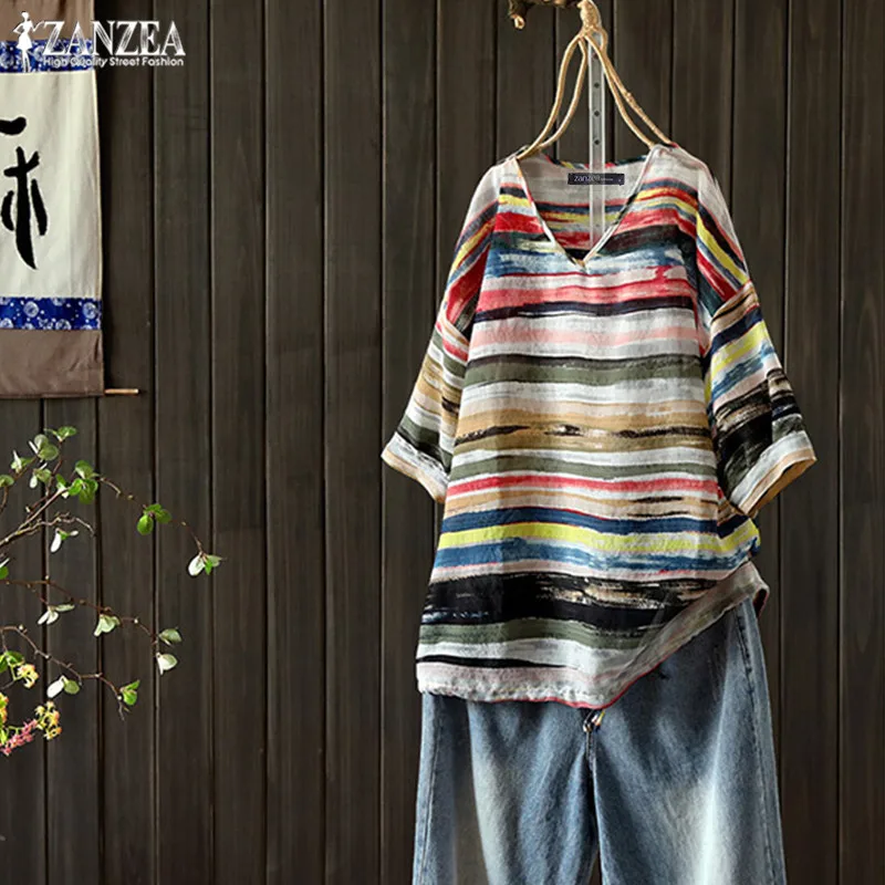 Блузка женская в полоску с V-образным вырезом и коротким рукавом | Женская одежда