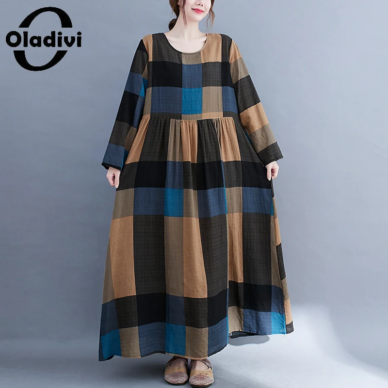 

Oladivi 2021 Autumn New Long Sleeve Dress Women Oversized Fashion Plaid Casual Loose Maxi Long Dresses Robe Femme Vestidios 9008