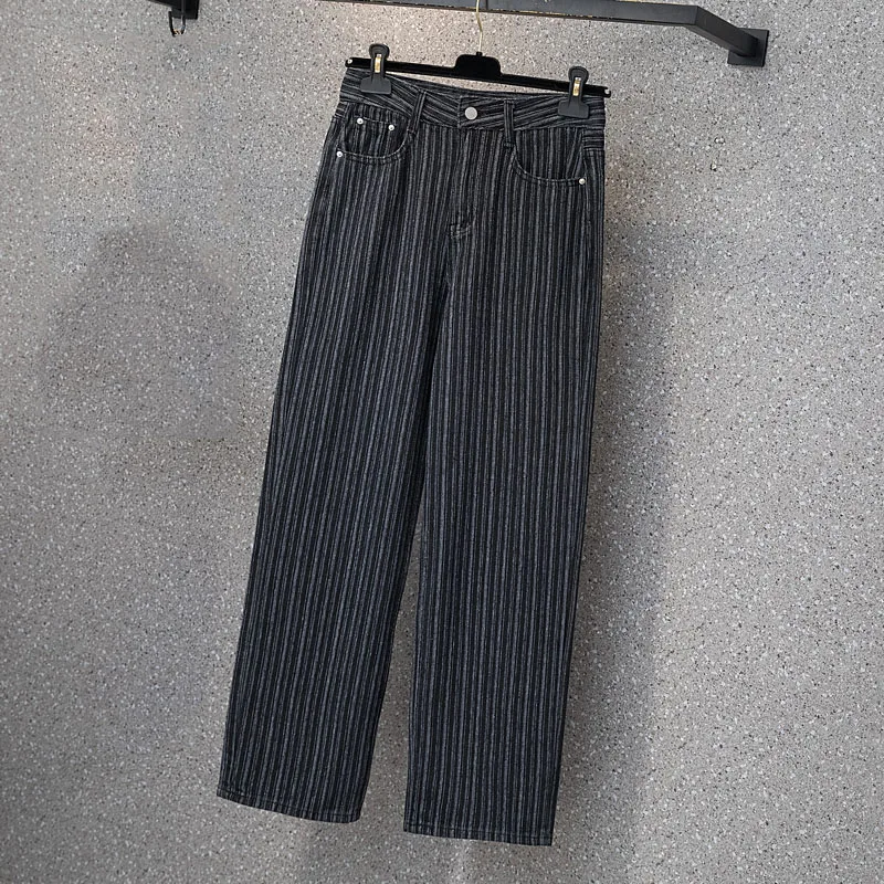 

Striped Wide-leg Jeans Women's Plus Size Clothing Korean Fashion Casual Loose Pants Pocket Zipper High Quality Black And Blue