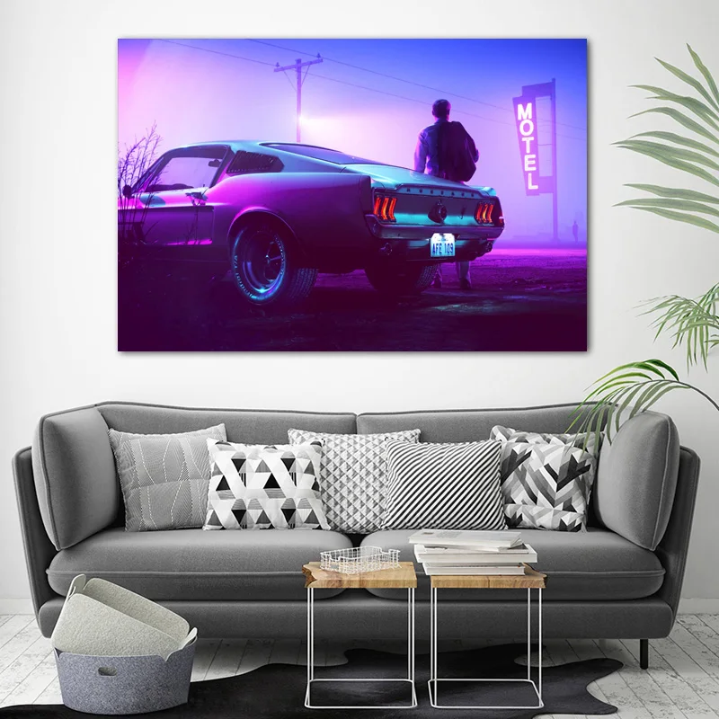 Retrowave Ford Mustang мускул автомобиль винтажный автомобиль фиолетовый стены искусства плакаты принты без рамок живопись для декора гостиной
