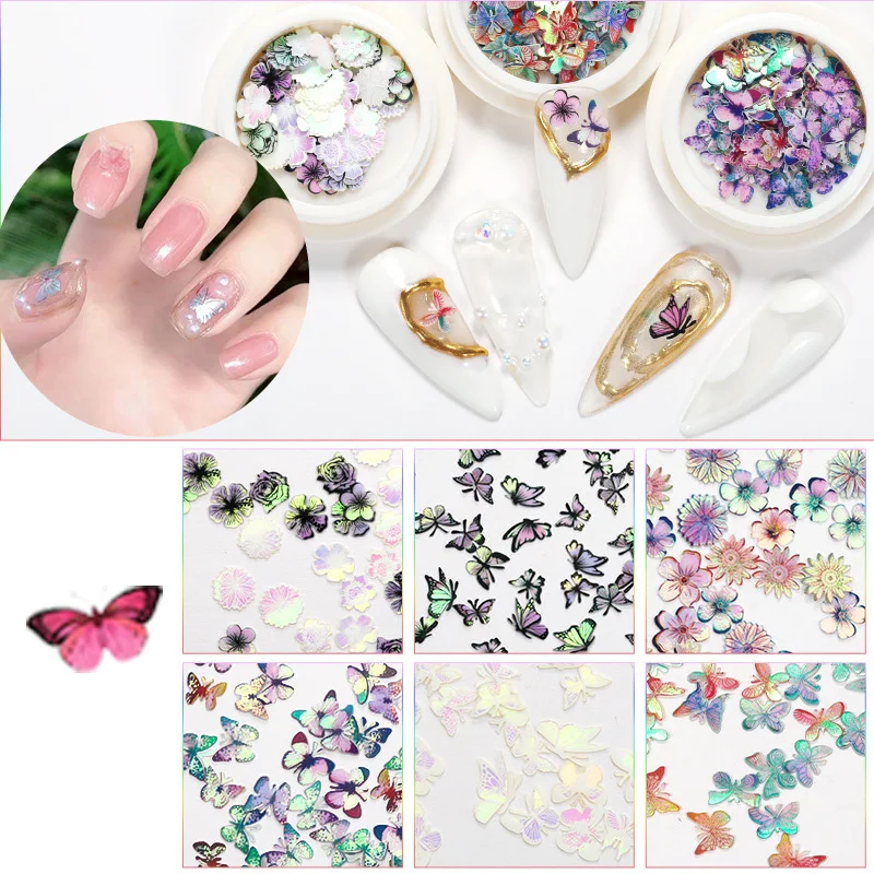 

8 Styles of Simulation Butterfly Nail Stickers Wood Pulp Flakes Flowers Symphony Laser Aurora Ultra-thin Waterproof and Durable