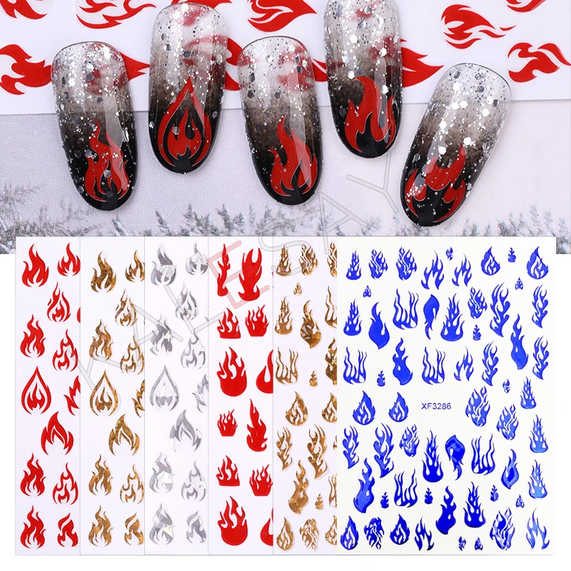 

Fashion 5 Pcs/Lot Laser Silver Flame Red Fire Nail Sticker Manicure Decoration Self-Adhesive Nail Art Decal Fire Design Sticker