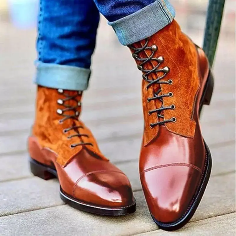 

Men's PU Leather Elegant Carved Chelsea Lace Up Boots Classic Boots Ankle Men Boots Casual Fashion Winter Combat Boots KR100