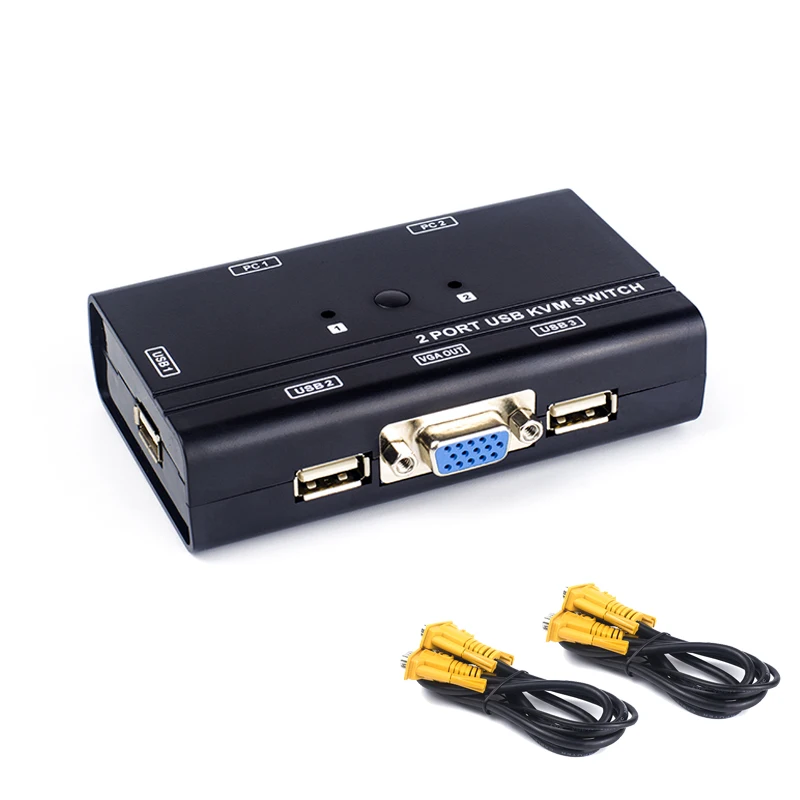 2 Port USB2.0 kvm Switch Manual Control 2 PC Hosts by 1 Set of USB Keyboard Mouse and VGA Monitor Multi  With Cables