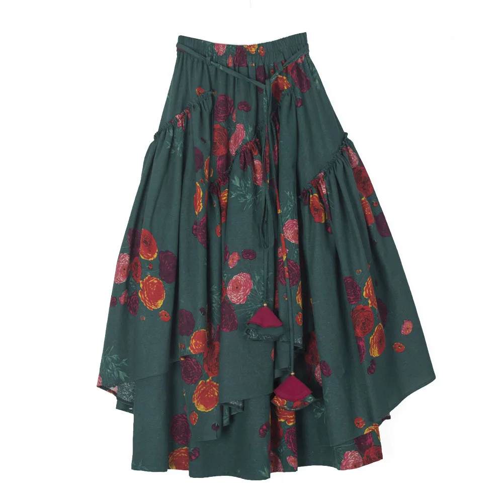

Vintage Print Skirt Women Elastic Waist Lace Up Big Swing Skirts 2021 Spring Summer Fashion Maxi Skirts Lugentolo