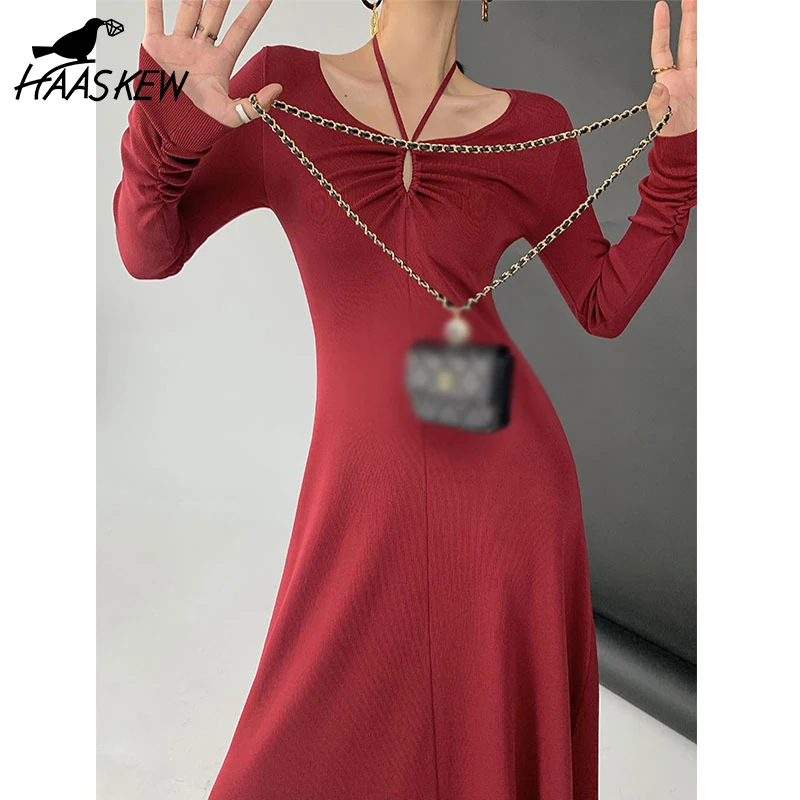 

Осенне-зимнее платье-трапеция HAASKEW с воротником-стойкой красное женское элегантное соблазнительное длинное платье с оборками и V-образным в...