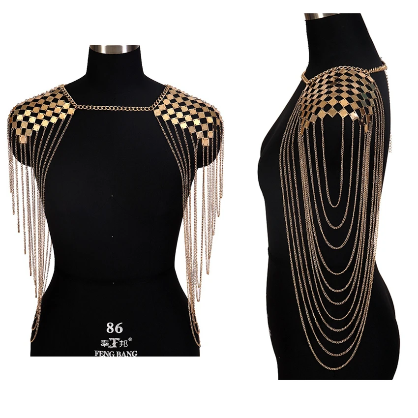 

Gold Metal Chain Sequin Epaulette Shoulder Tops Sexy Harness Tassel Body Chain for Women Bikini Beach Gothic Rave Jewelry