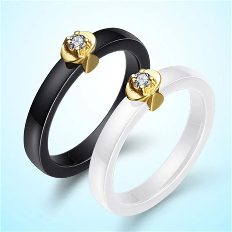 Gold Zircon Ceramics Ring Men Simple Jewelry Rings For Women Accessories Black Crystal Rhinestone Female Couple Lover | Украшения и