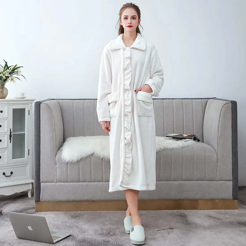 Nightdress Women Autumn and Winter Thickening and Lengthening Bathrobe Turn Down Collar Solid Color Robe De Chambre Femme