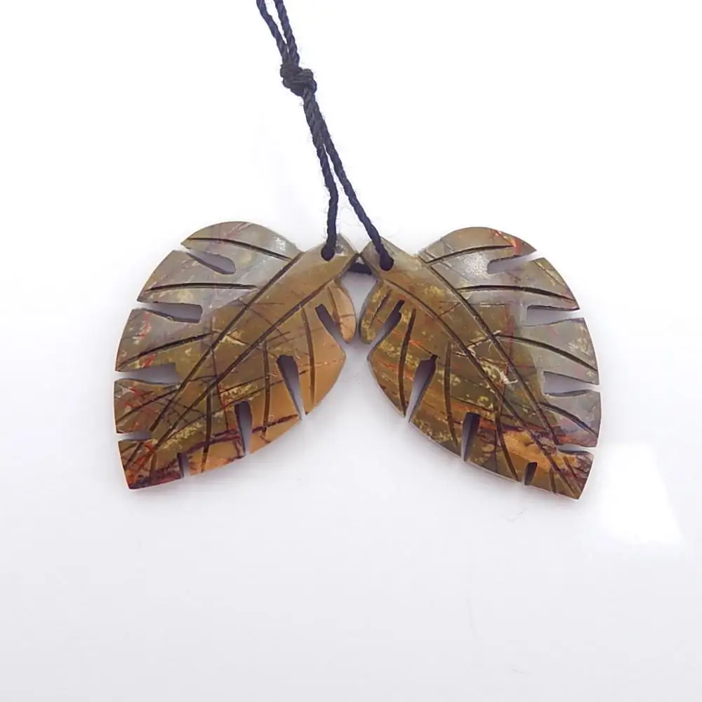 

Jewelry accessories, Birthday gift,Natural Multi-Color Picasso jasper Carved leaves fashion Earring Beads 32x21x5mm，8.5g