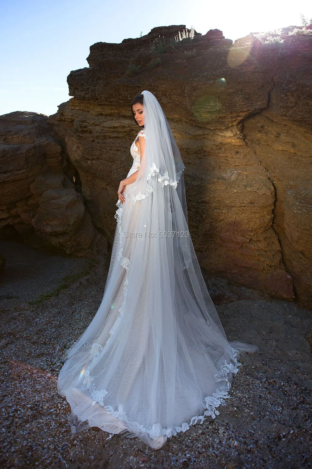 Пляжные тюлевые Свадебные платья с v образным вырезом и аппликацией кружевные