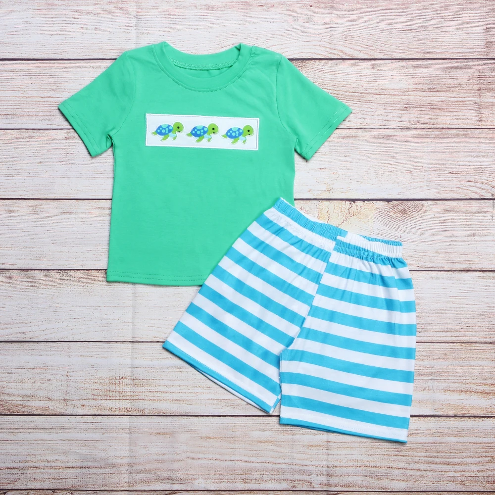 

Summer Clothes Green Short Sleeve Top And Blue Striped Shorts Three Sea Turtles Embroidered Pattern Boys Clothes