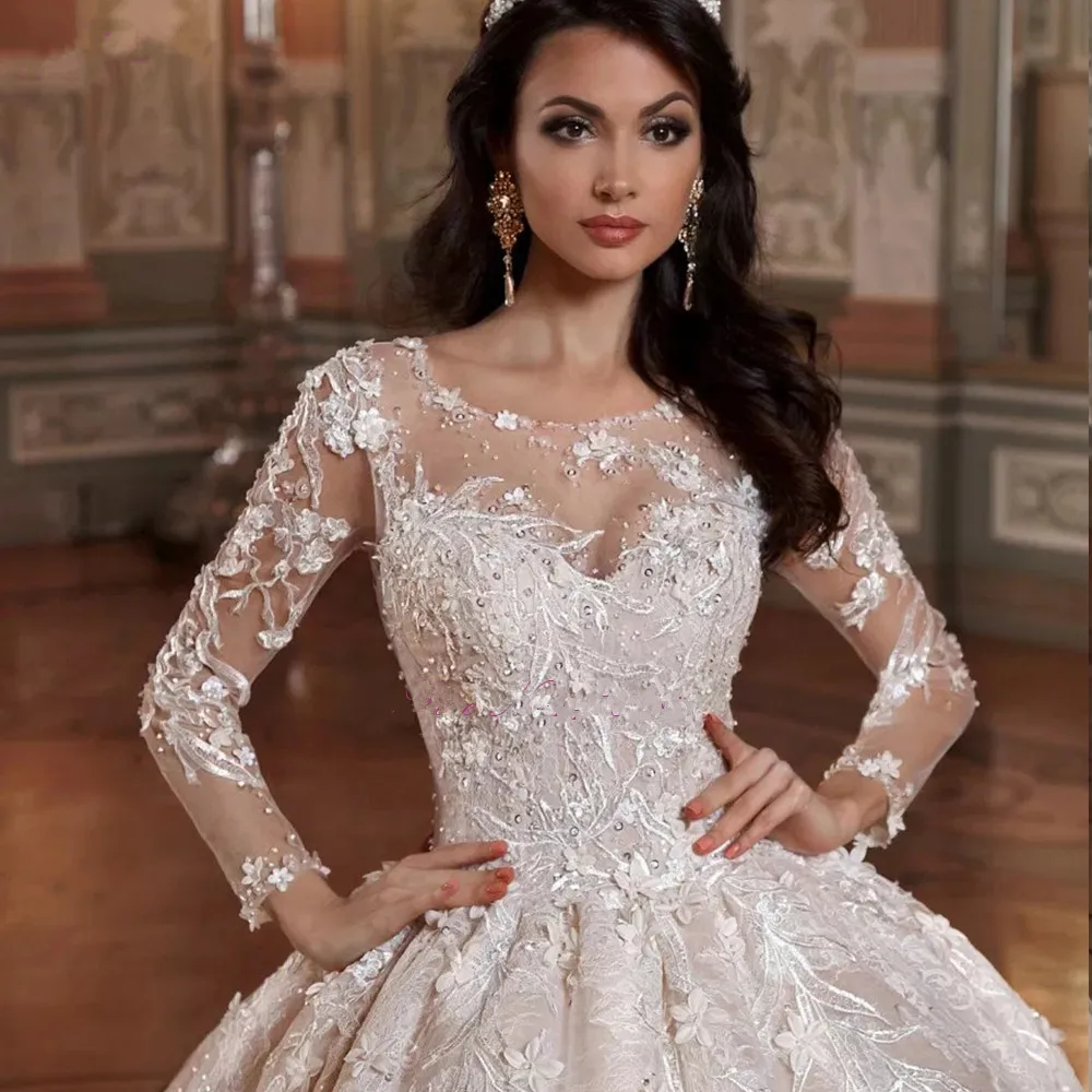 Arabic Plus Size Long Sleeve Organza Wedding Dress Ball Gown Symmetrical Decoration Scoop Neckline Bride Dress Vestido De Noiva
