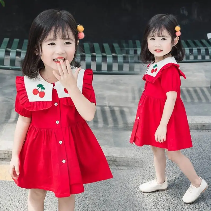 Cherry Baby Girl Dress 2020 Summer Sailor Collar Red Short Sleeve Kids Clothes 2-6Y LT021 | Детская одежда и обувь