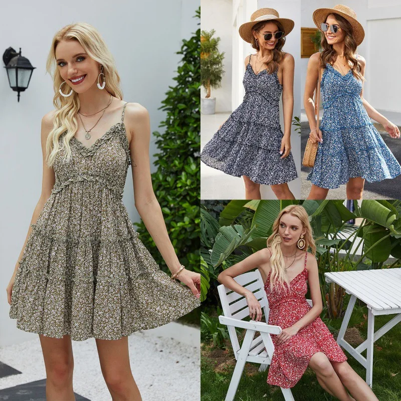 

Summer Dress 2021 New Female Slim Body Slim Sling Floral Holiday Leisure Short Skirt Fashion Casual Sexy Small Fresh Beach Dress