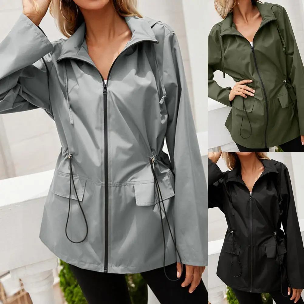 

Mountaineering Jacket Hooded Zipper Women Long Sleeve Drawstring Flap Pockets Raincoat for Hiking