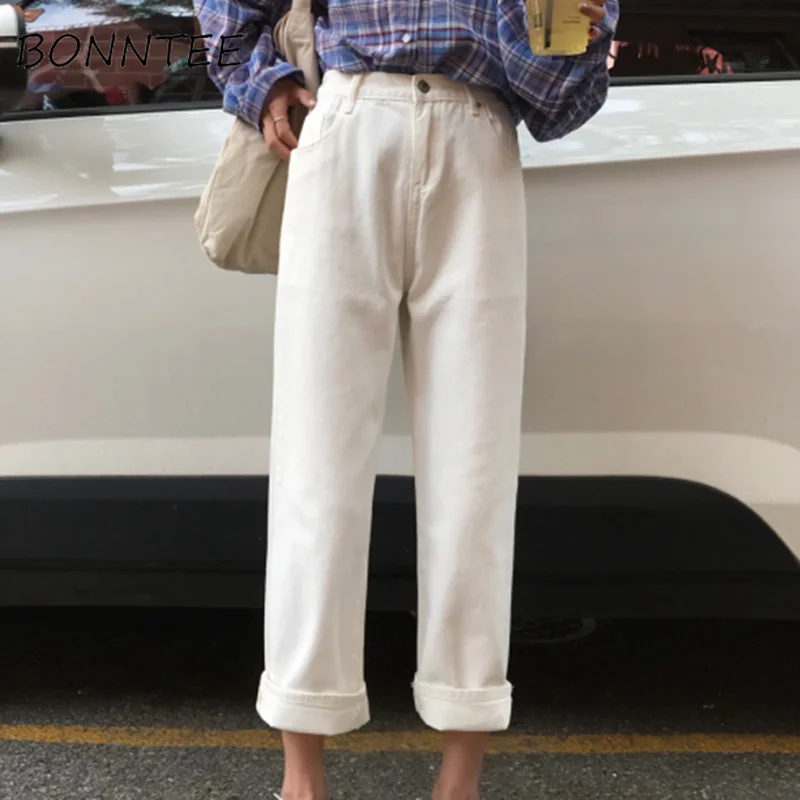 

Джинсы джинсовые женские новые шикарные однотонные простые прямые на молнии с высокой талией подходящие ко всему женские модные Свободные ...