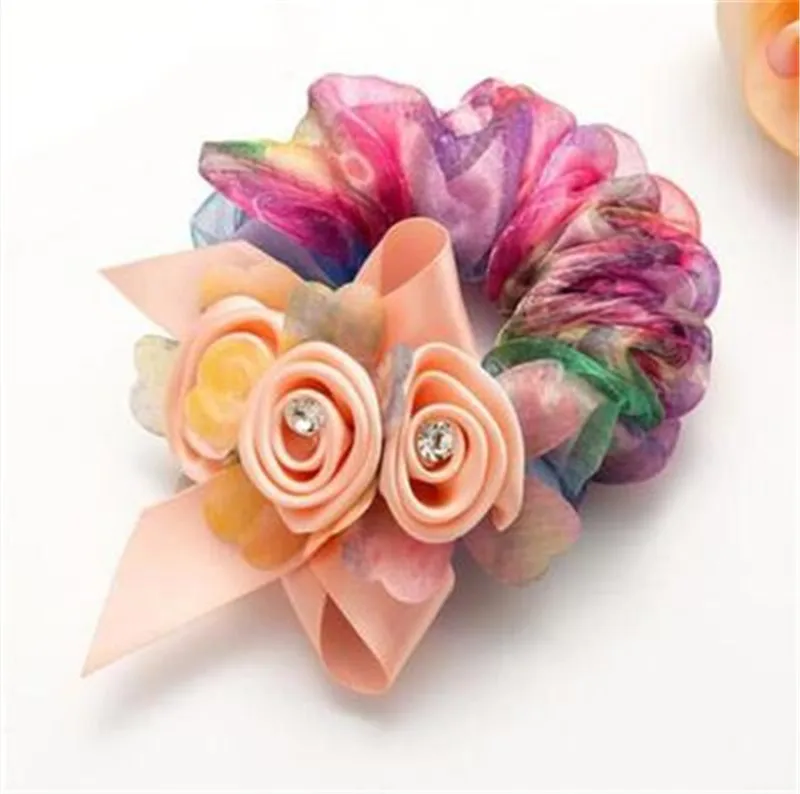

Yarn Elastic Hair Band Tie Rubber Bow For Women Girl Korean Fabric Flower Scrunchies Crystal Fashion Head Accessories Wholesale