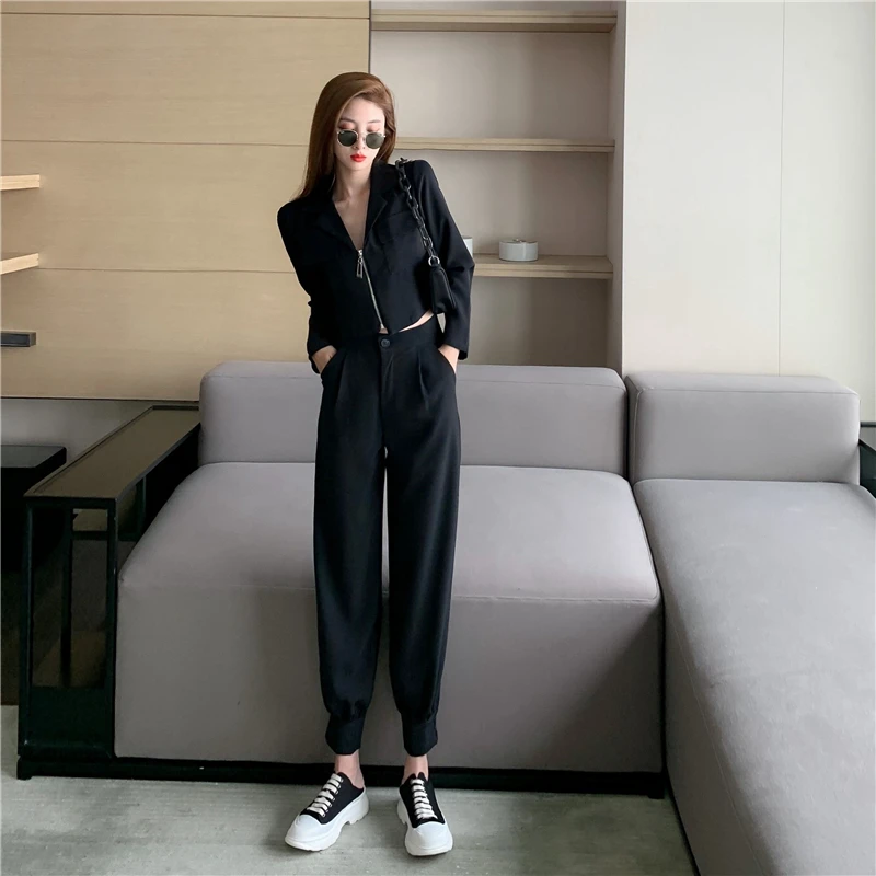 

New fashion casual drape short suit jacket + high waist slim and thin straight leg pants suit