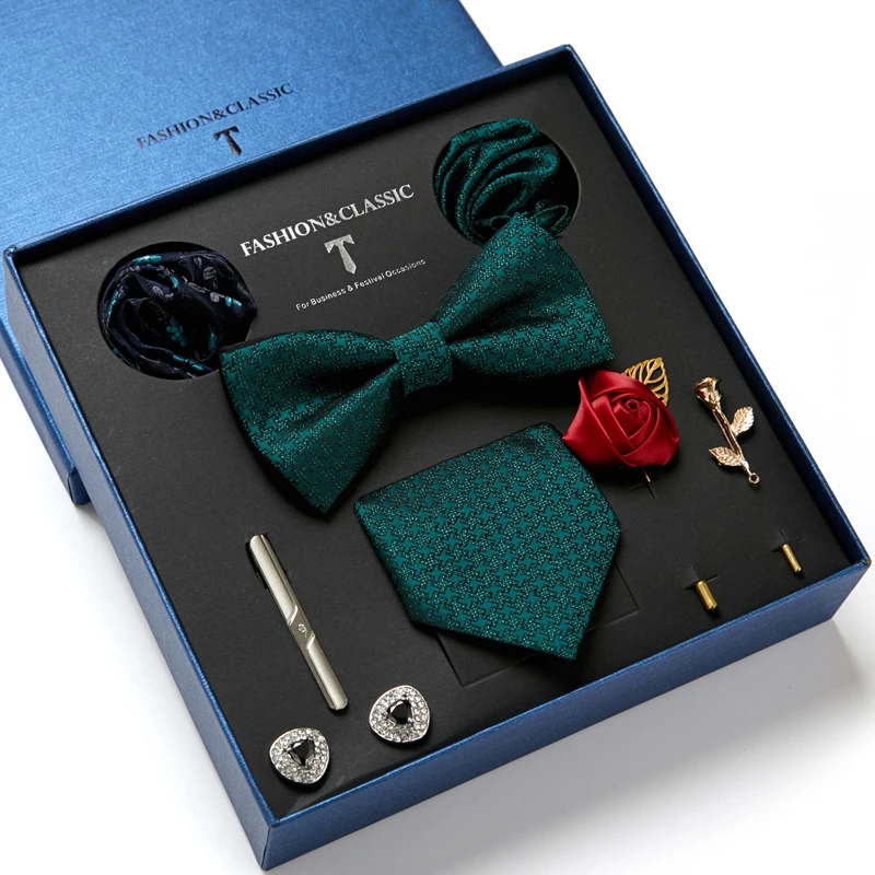 

Vangise Brand Factory Sale 100% Silk Woven Bow Tie Handkerchief Pocket Squares Cufflink Set Clip Necktie Box Man's Plaid