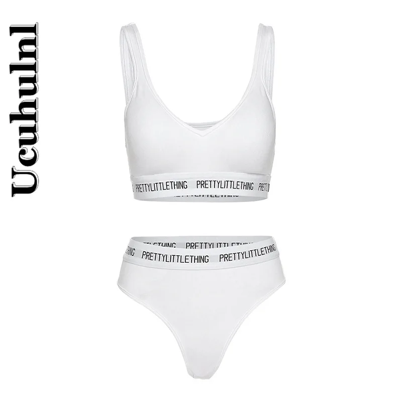 

Ucuhulnl 2021 Cotton Letter Printed Two Piece Sets Women Casual Strap Top Bra Underwear and Sexy Underpants Basic Matching