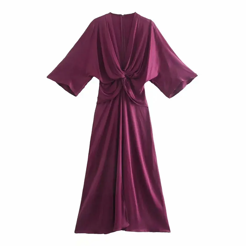 

2021 Summer Women Satin Dress Short Sleeve Vintage Elegant Lady Office Red Sexy Silk Party Midi Dress