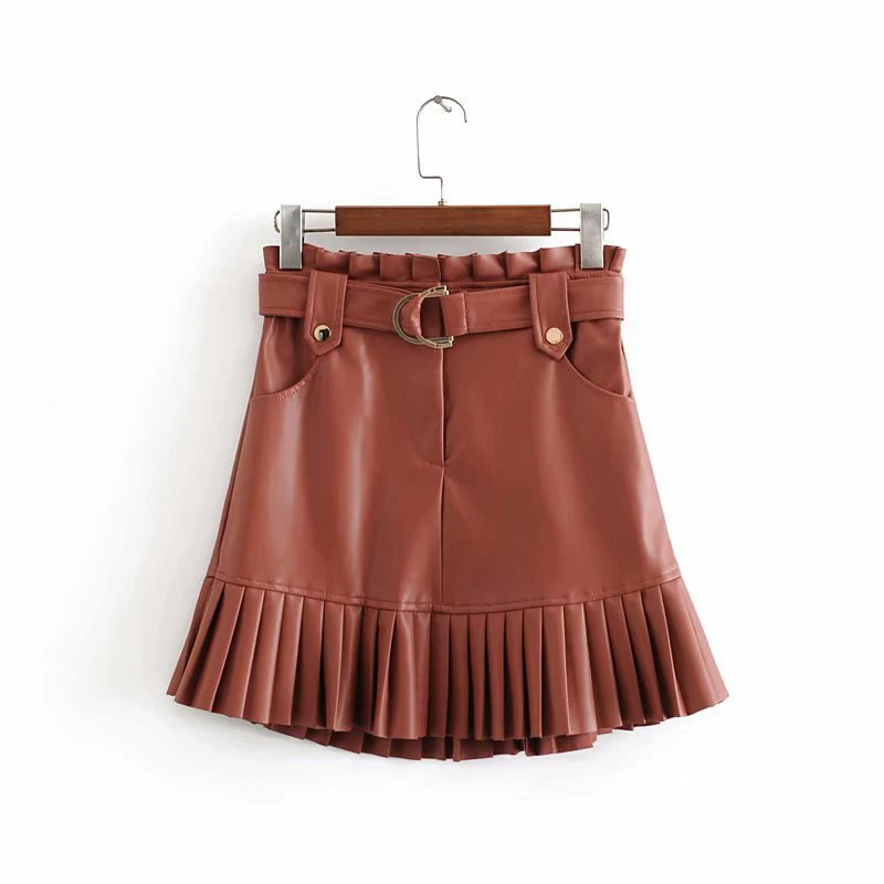 Женская плиссированная юбка из искусственной кожи элегантная мини с оборками