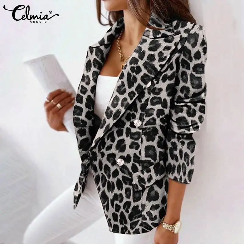 

Women Leopard Print Blazer Celmia Elegant Office Ladies Suit Coat 2021 Autumn Casual Long Sleeve Suit Collar Outerwear Jackets