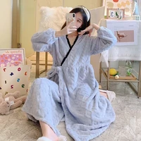 pure color cardigan casual loose coral velvet autumn and winter new style plus velvet thickened warm lace home service pajamas
