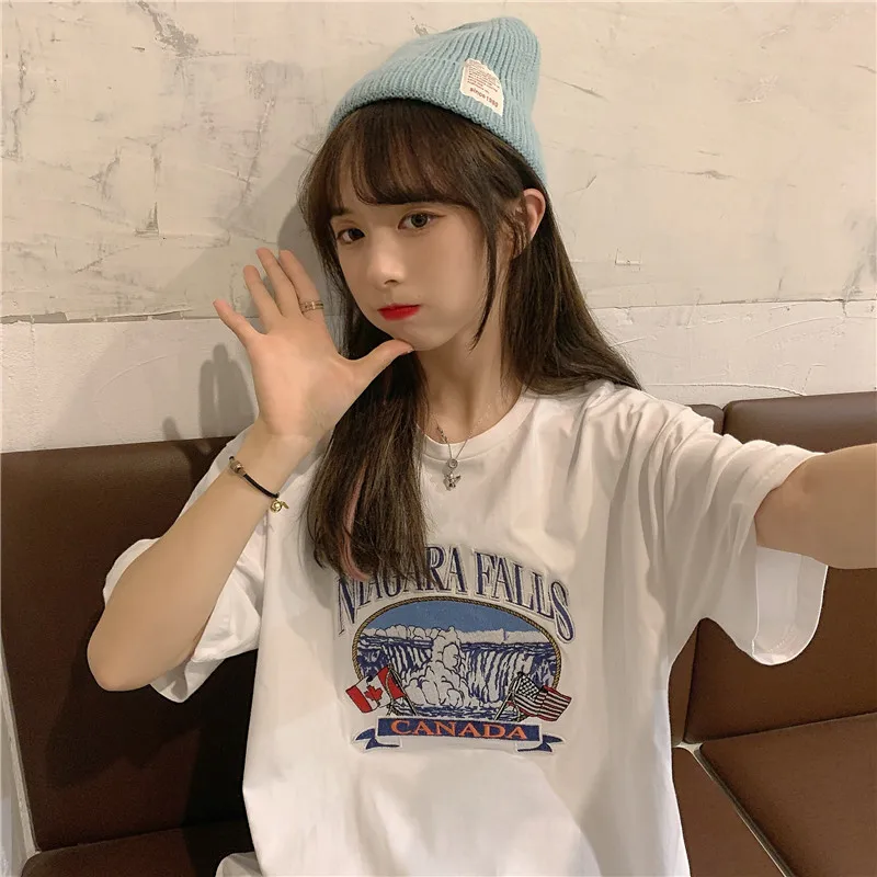 

Spring and Summer Short Sleeves T-shirt Women's Hong Kong Ins Trendy Korean Loose Boyfriend Harajuku Style Half