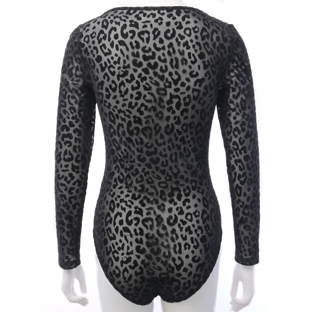 

Women Sexy Leopard See-through Jumpsuit Long Sleeve Low-cut Mesh Sheer Bodysuit Lady Casual Jumpsuit Leotard