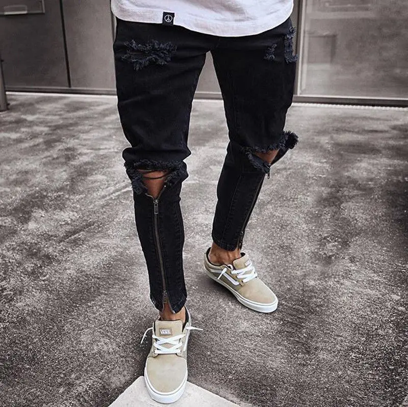 

New Designer Slim Fit Ripped Jeans Men High Street Mens Distressed Denim Joggers Knee Holes Zipper Washed Destroyed Pencil Jeans