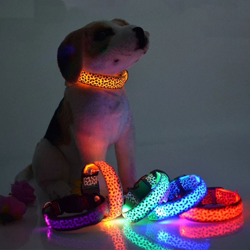 

Leopard Nylon Led Pet Dog Luminous Collar Night Safety Flashing Glow In Dark Dog Cat Leash Harness Adjustable Pet Accessories