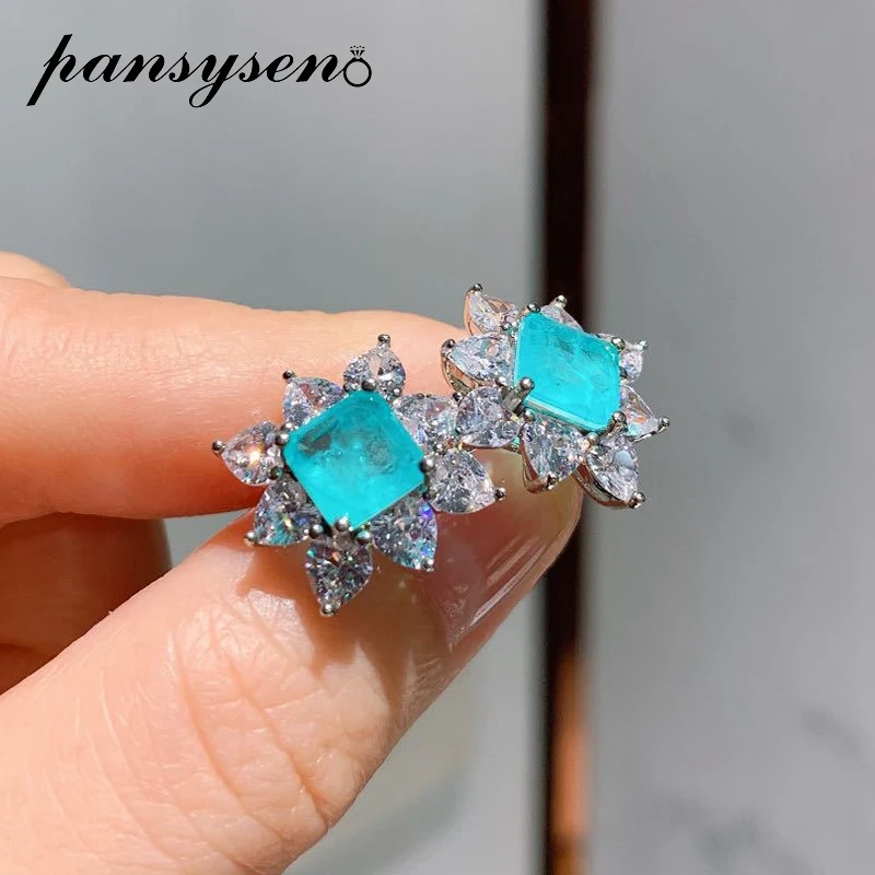 

PANSYSEN 925 Sterling Silver 7MM Paraiba Tourmaline Gemstone Stud Earrings Vintage Party Fine Jewelry Wholesale Drop Shipping