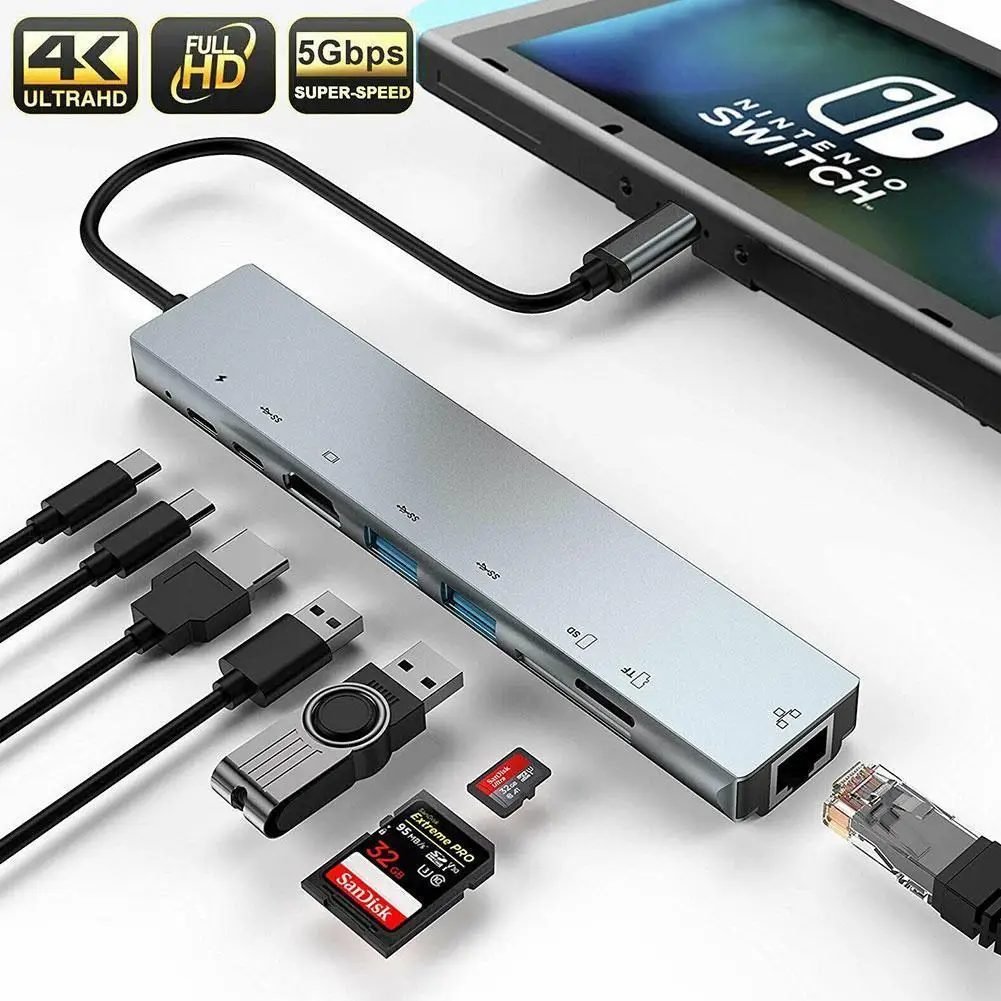 

8 в 1 многопортовый Тип C USB-C 4K HDMI-совместимого адаптера USB 3,0 кабель концентратор для планшетного компьютера ПК ноутбука Macbook